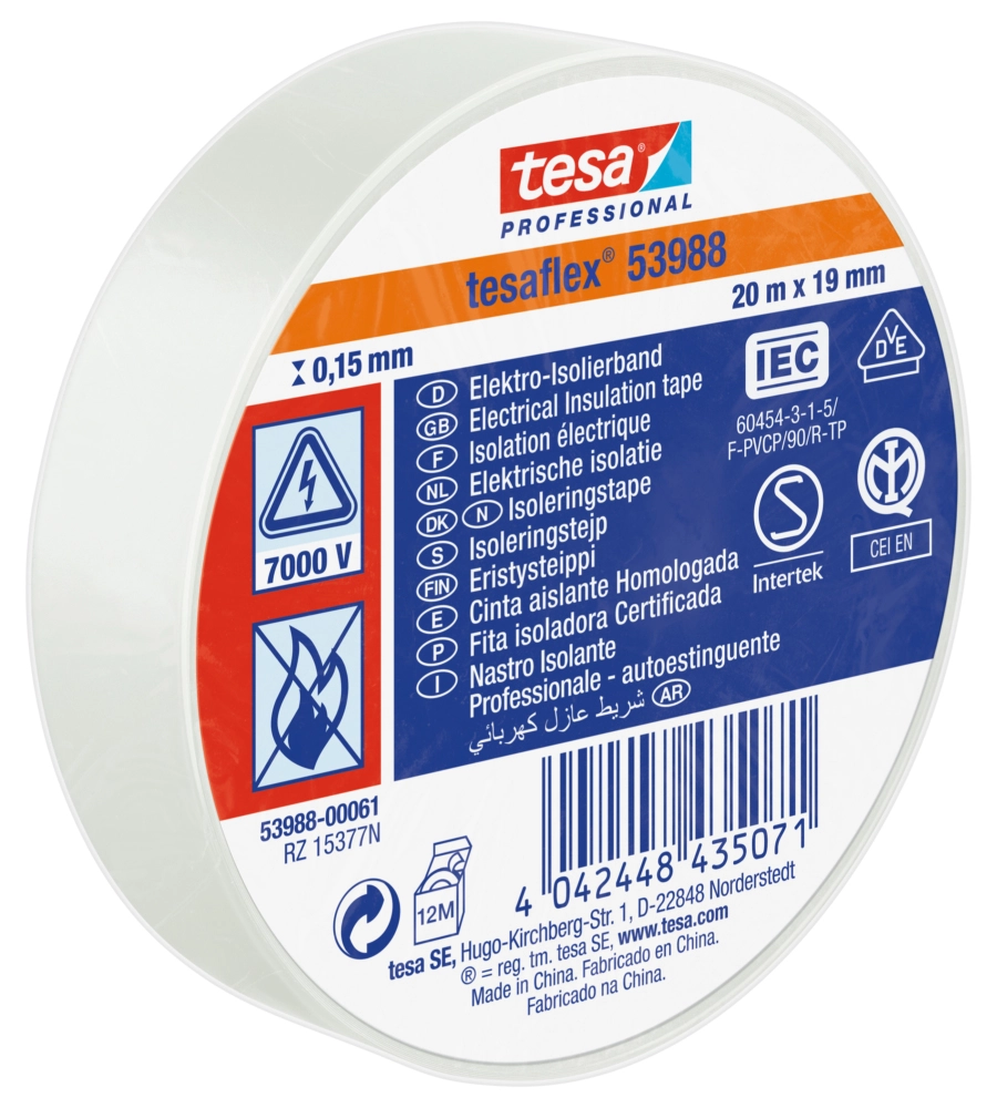 NASTRO ISOLANTE ELETTRICO IN PVC BIANCO, 19 MM X 20 MT - TESA